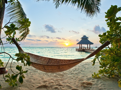 Beachside hammock overlooking peaceful tropical sea at sunset