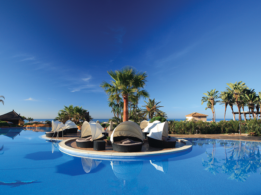 View of the main pool at Marriott's Marbella Beach Resort, Costa del Sol, Spain