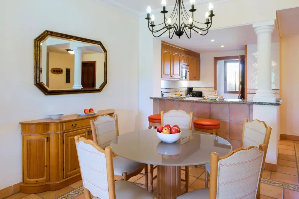 Stylish dining room and kitchen in a Villa at Marriott's Club Son Antem in Mallorca, Spain.