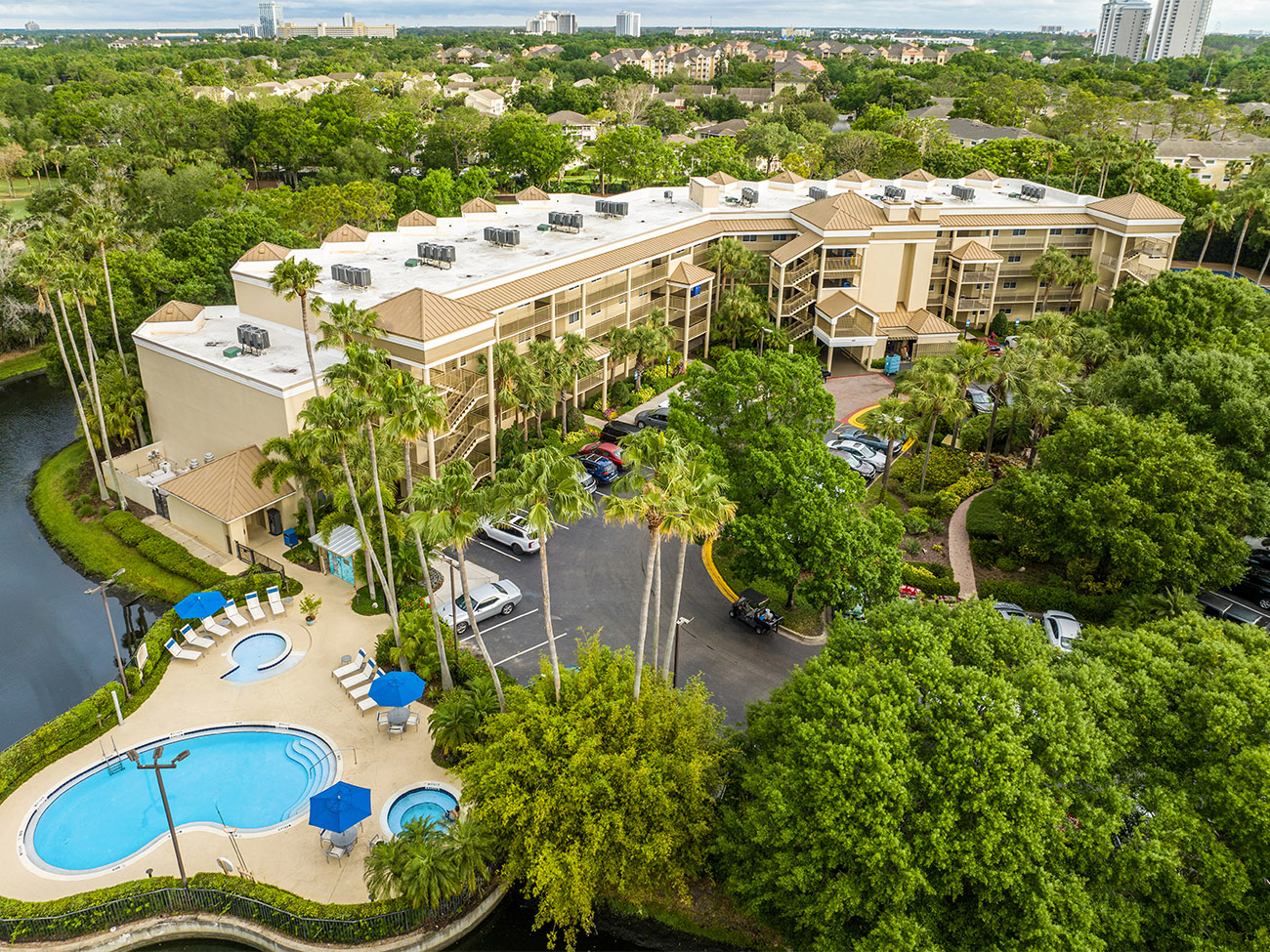 Aerial of exterior of Marriott's Imperial Palms resort timeshare showing pool area